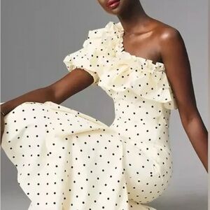 Elegant Cream Polka Dot One-Shoulder Dress